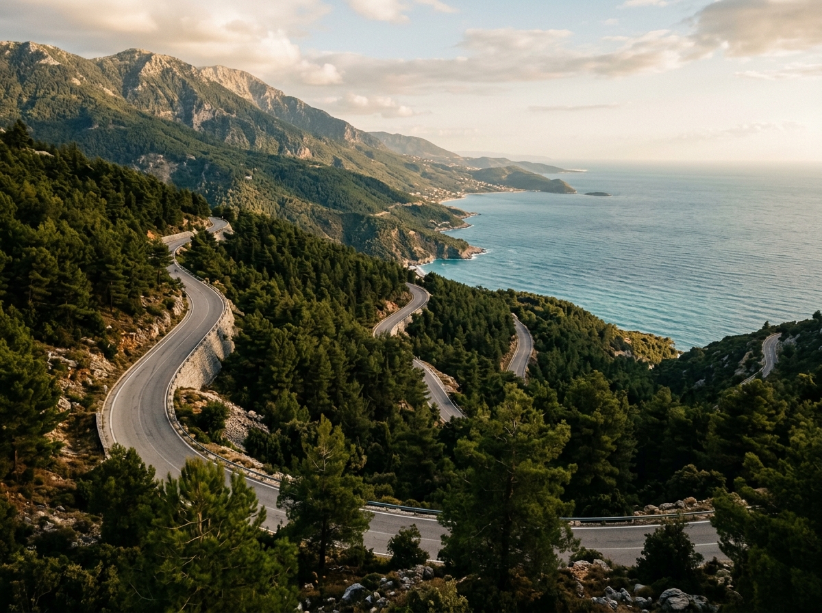 Серпантин перевала Логара, дорога вьётся через сосновый лес с панорамным видом на Ионическое море далеко внизу