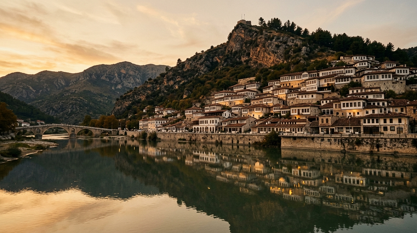 Берат, «город тысячи окон», белые османские дома ступенями поднимаются по склону горы, отражения в реке Осуми