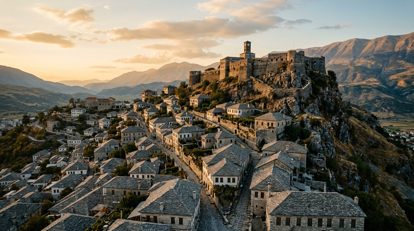 Гирокастра, «каменный город», серые шиферные крыши ступенями на склоне горы, крепость на вершине