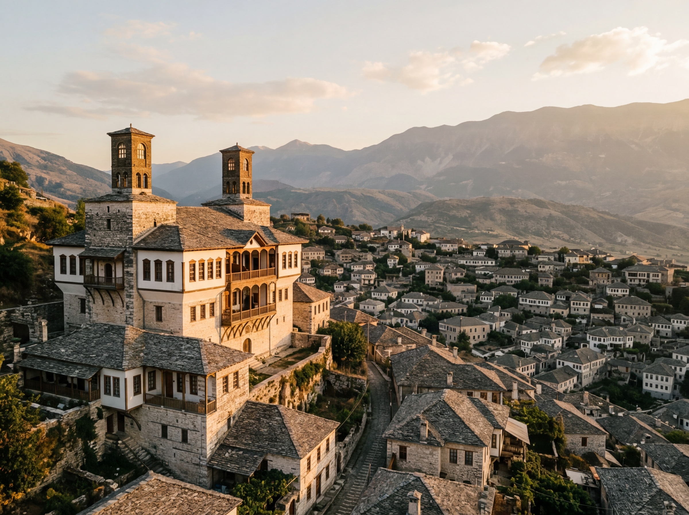 Дом Зекате в Гирокастре, двойная башня османского особняка на фоне каменных крыш Старого города