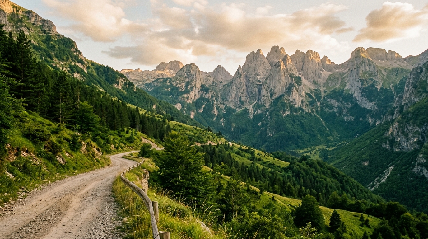 Горная дорога на Тет, грейдер с видом на Альпы Проклятия, зелёные склоны и скалистые вершины