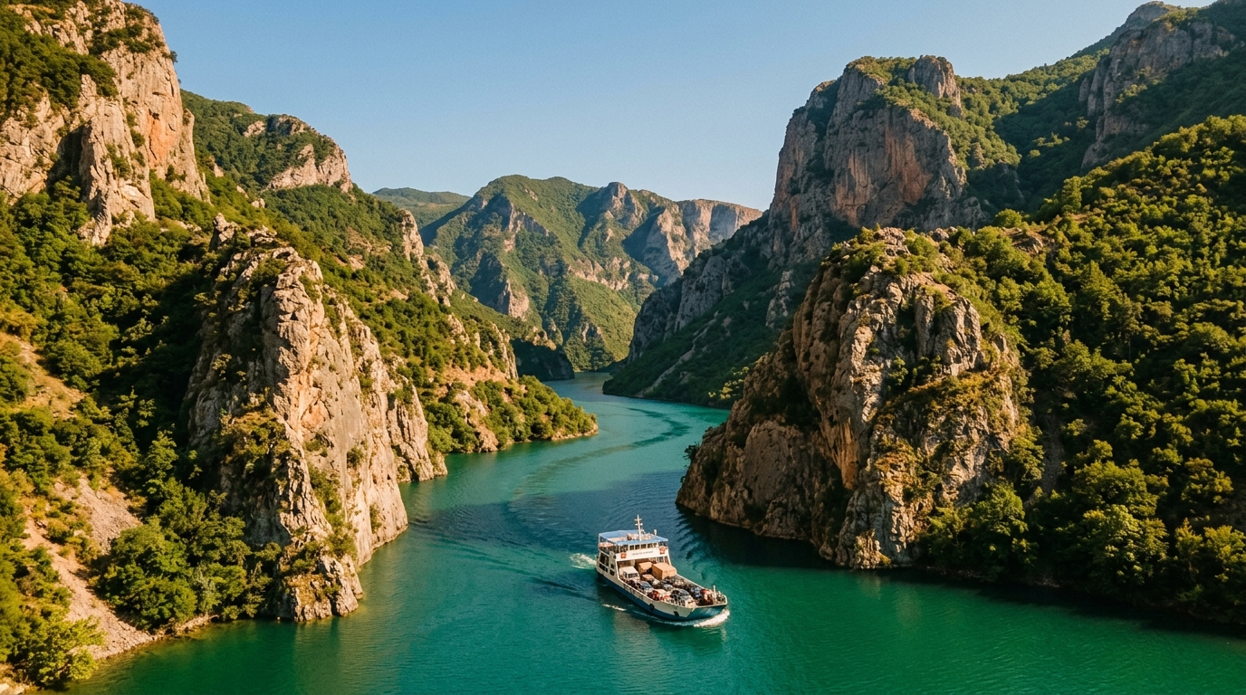 Паром на озере Коман, бирюзовая вода между отвесными скалами каньона, зелёные склоны, безоблачное небо