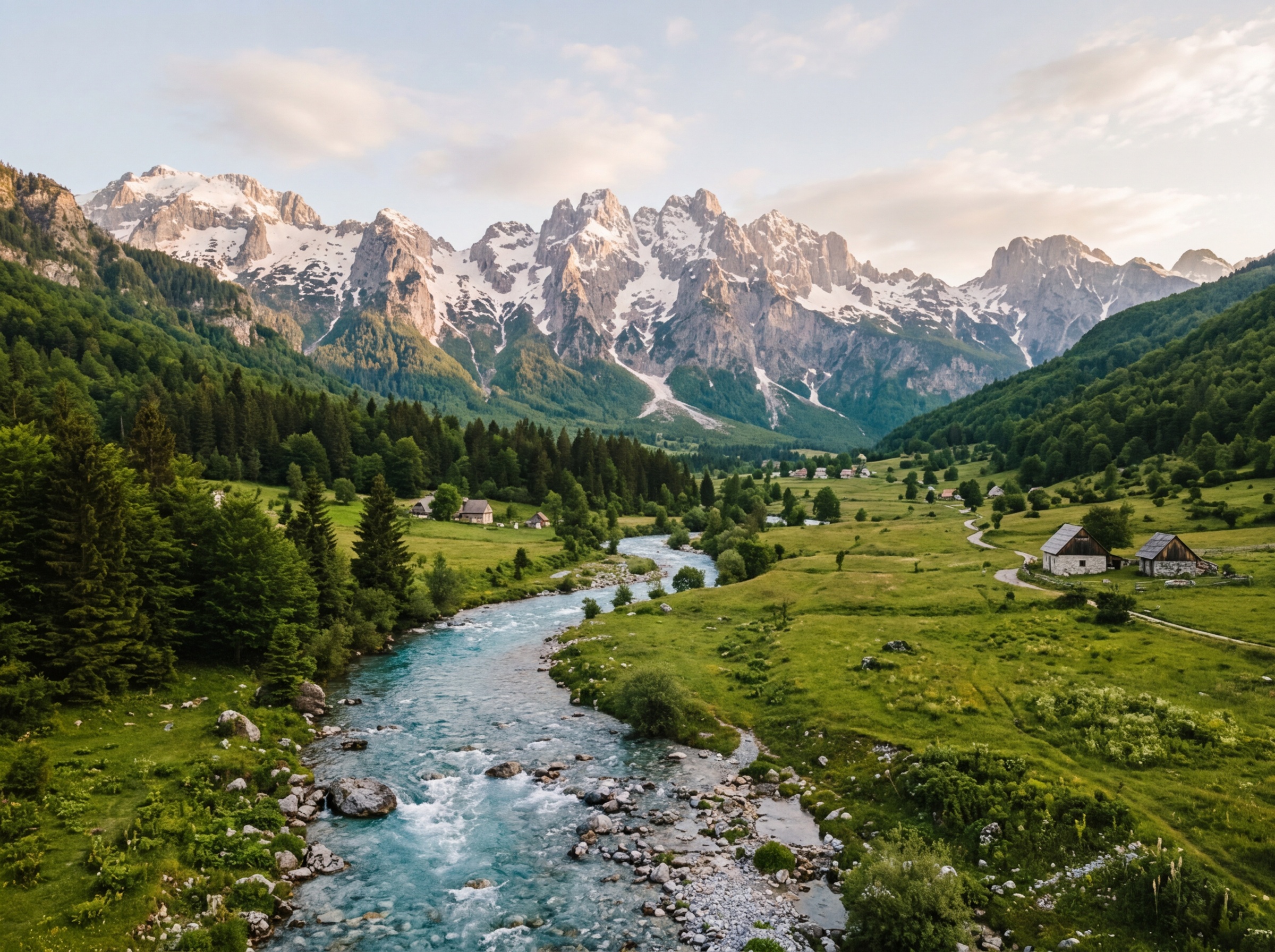 Долина Вальбона, ледяная голубая река на фоне заснеженных вершин Проклятых гор, зелёные луга