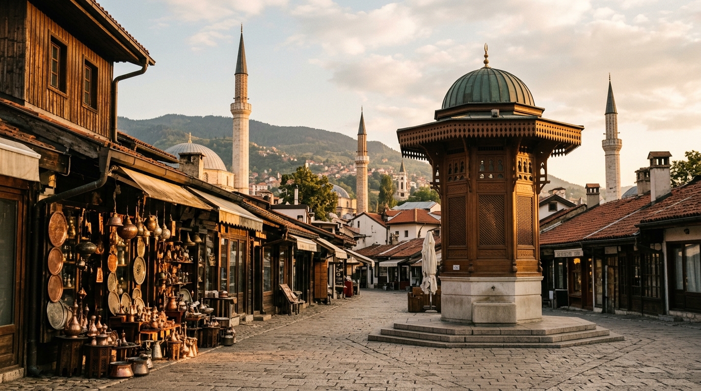 Баштаршия в Сараево, вид на Себиль и медные лавки, минареты на заднем плане, тёплый послеобеденный свет