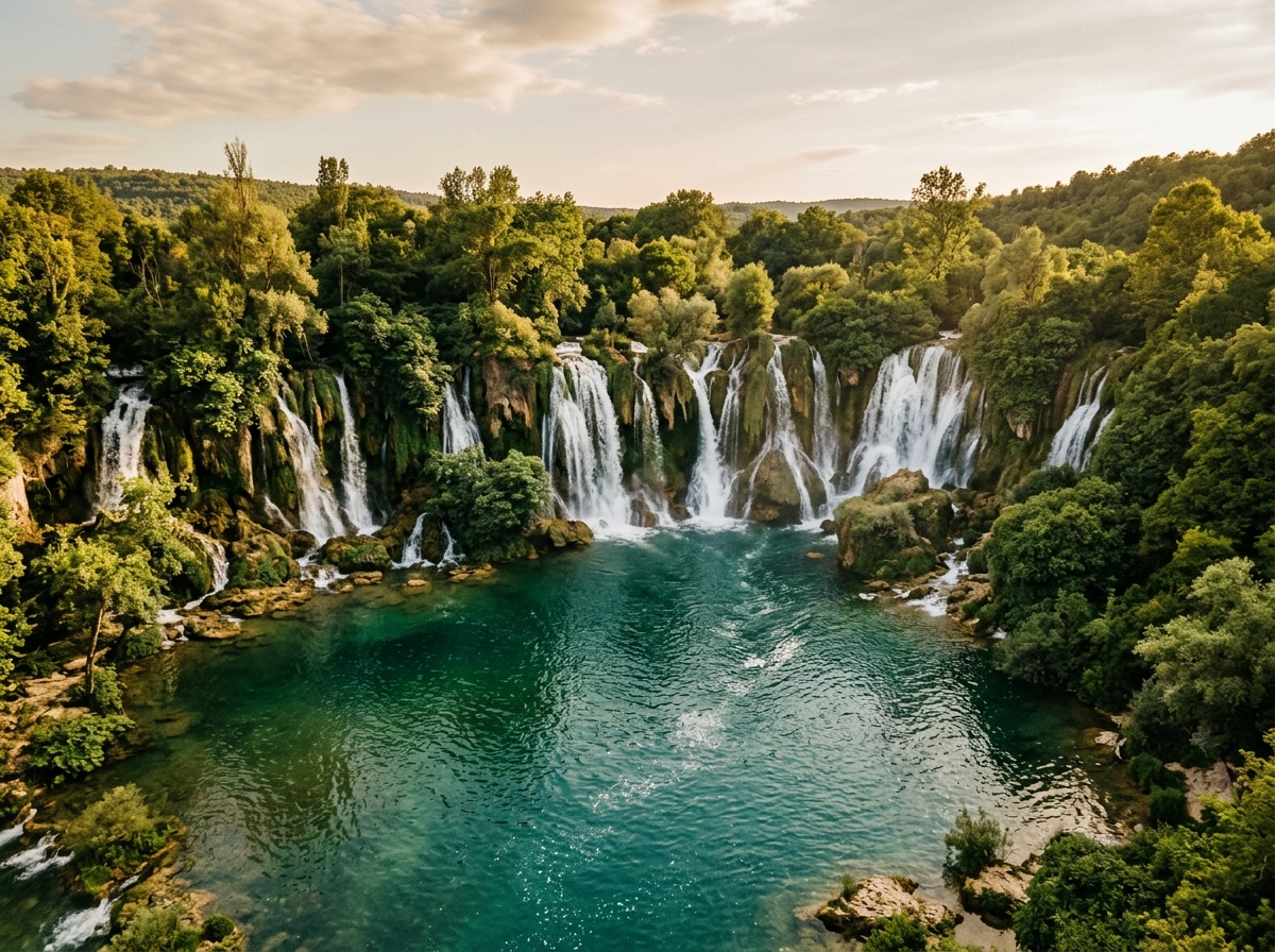 Водопады Кравице, полукруг водопадов с бирюзовой водой в бассейне, зелёная растительность по краям