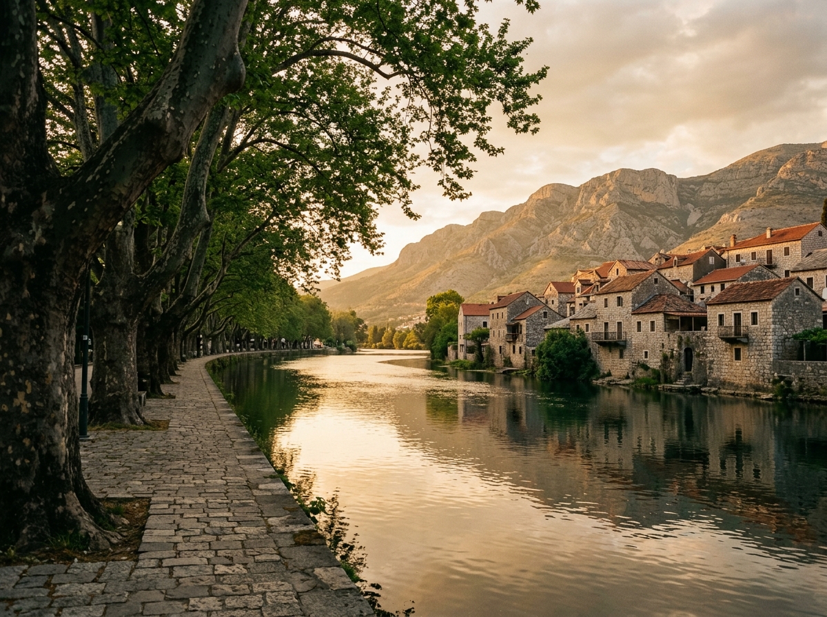 Требинье, платановая аллея вдоль реки Требишницы, каменные дома и черепичные крыши, горы на горизонте