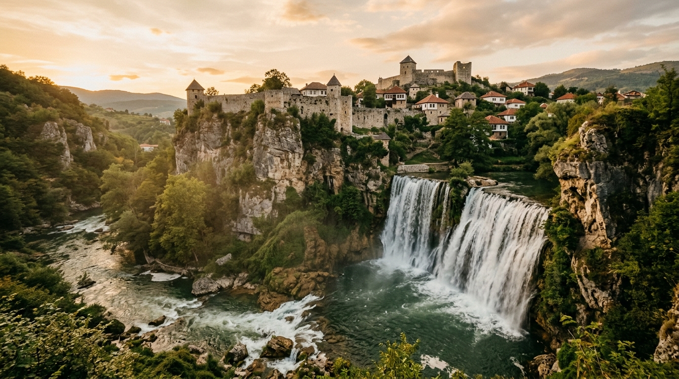 Водопад в центре Яйце, река Плива падает с двадцатиметровой высоты в реку Врбас, старый город на скале