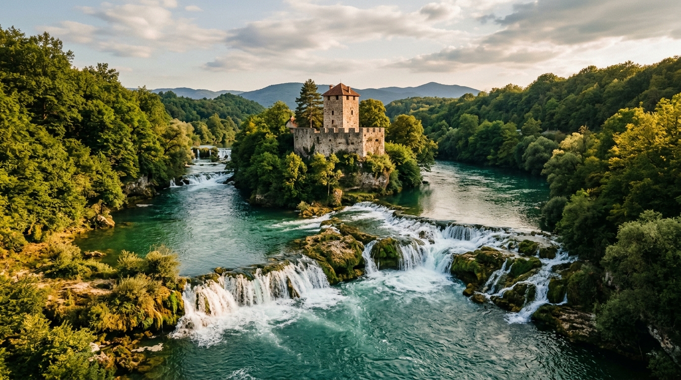 Река Уна в Бихаче, бирюзовая вода перетекает через туфовые каскады, зелёные берега, средневековая башня на острове