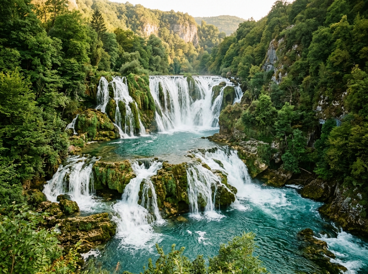 Штрбачки Бук, каскадный водопад на реке Уна, бирюзовая вода стекает по туфовым террасам, зелёный лес вокруг