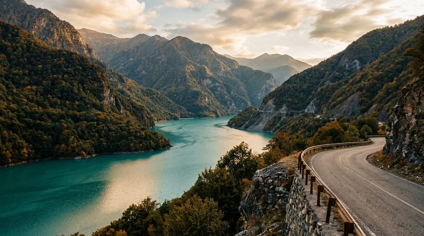 Жинвальское водохранилище, бирюзовая вода в горном ущелье, вид с дороги