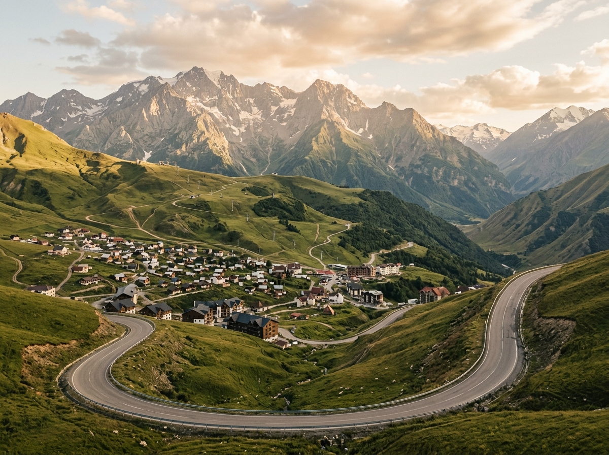 Вид на Гудаури с серпантина, горнолыжный курорт летом, панорама гор