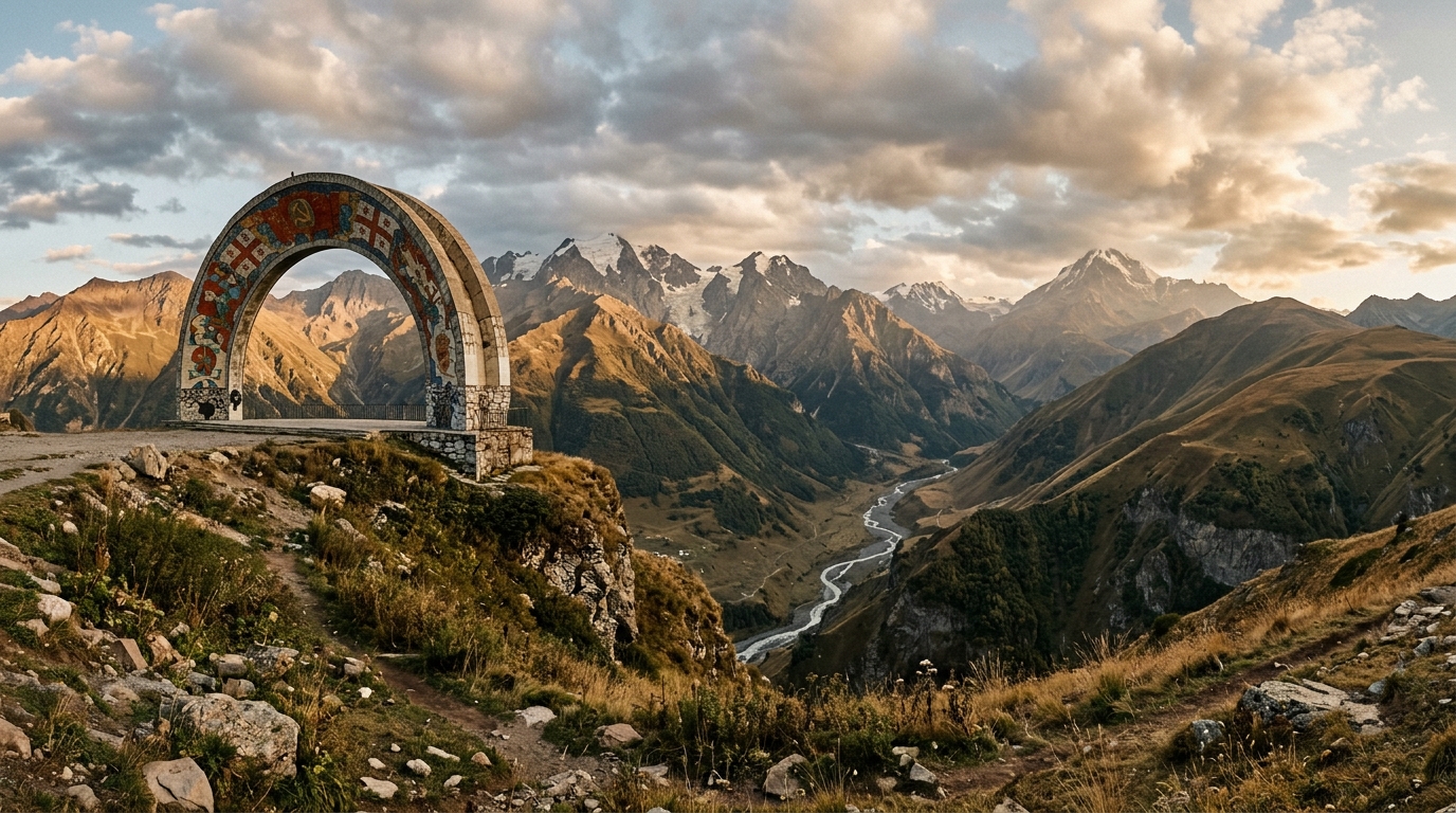 Арка Дружбы народов на фоне ущелья, панорамный вид с горами и облаками