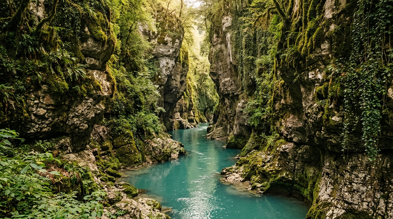 Каньон Мартвили, бирюзовая вода между отвесными скалами, мох и плющ