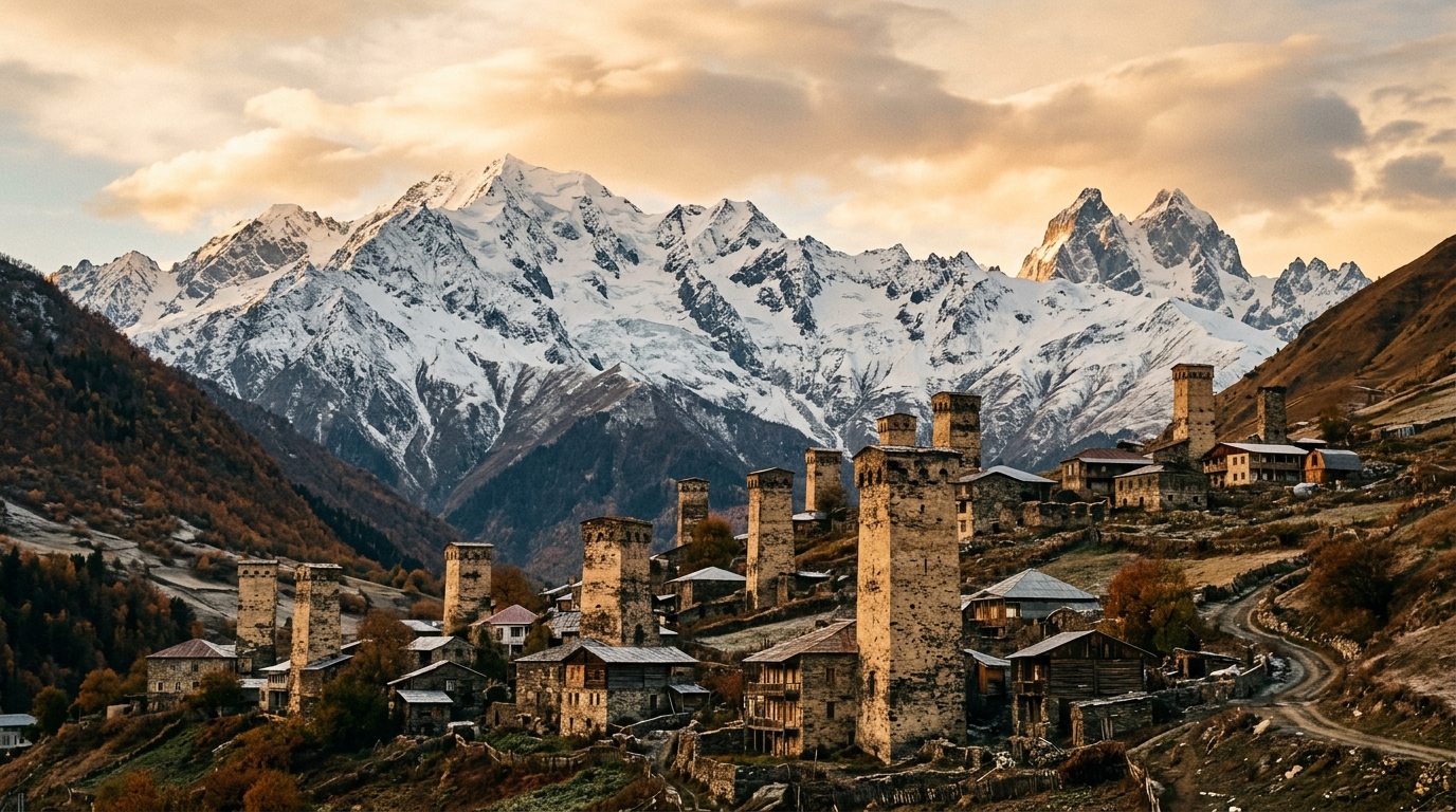 Местиа, сванские башни на фоне заснеженных вершин Кавказа
