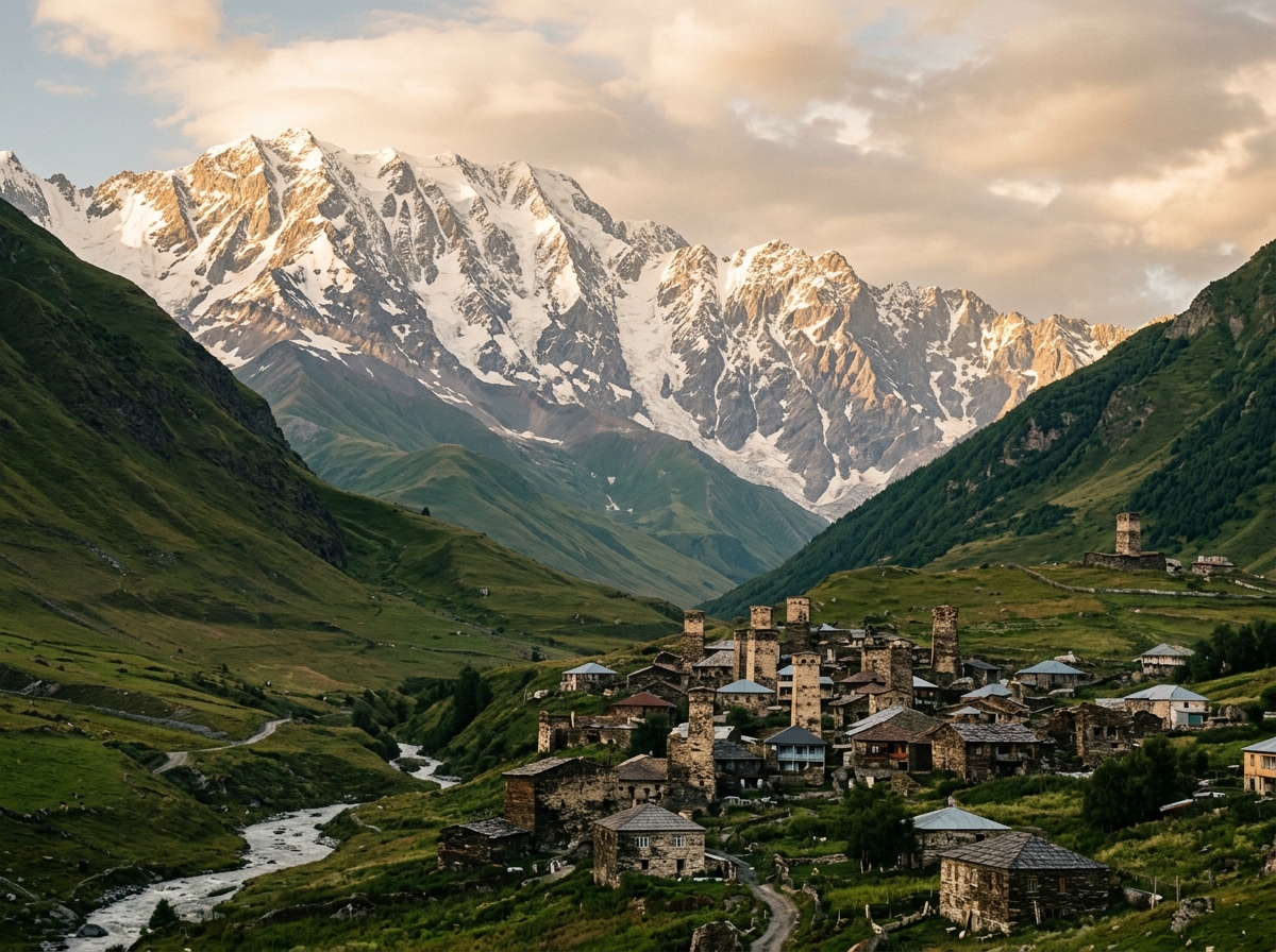 Ушгули, средневековые башни на фоне ледника Шхара