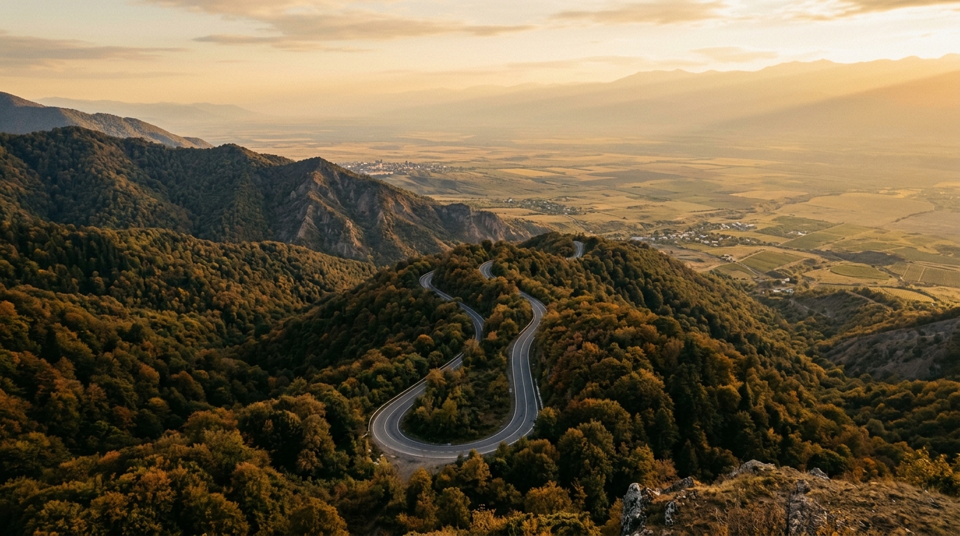 Гомборский перевал, серпантин через лес, вид на Алазанскую долину