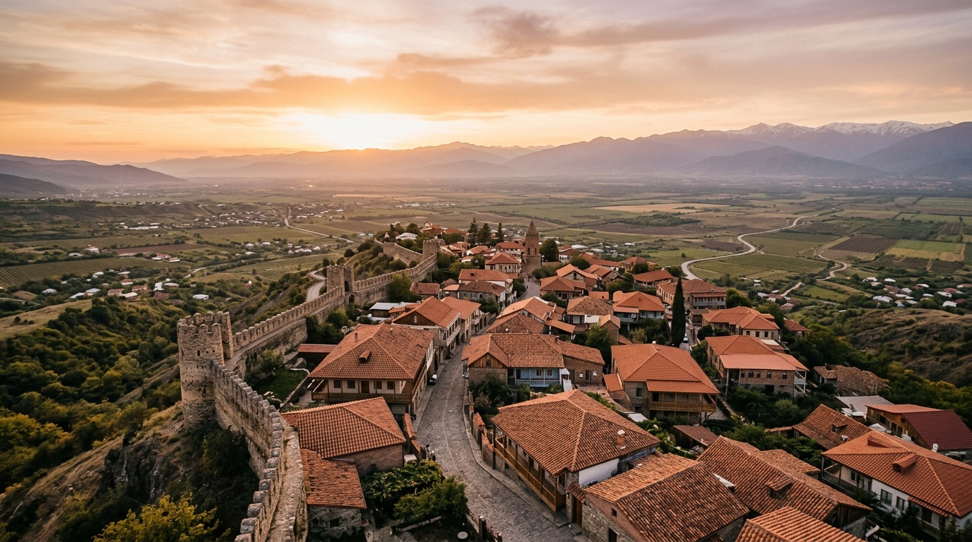 Сигнахи на закате, черепичные крыши, крепостная стена и Алазанская долина