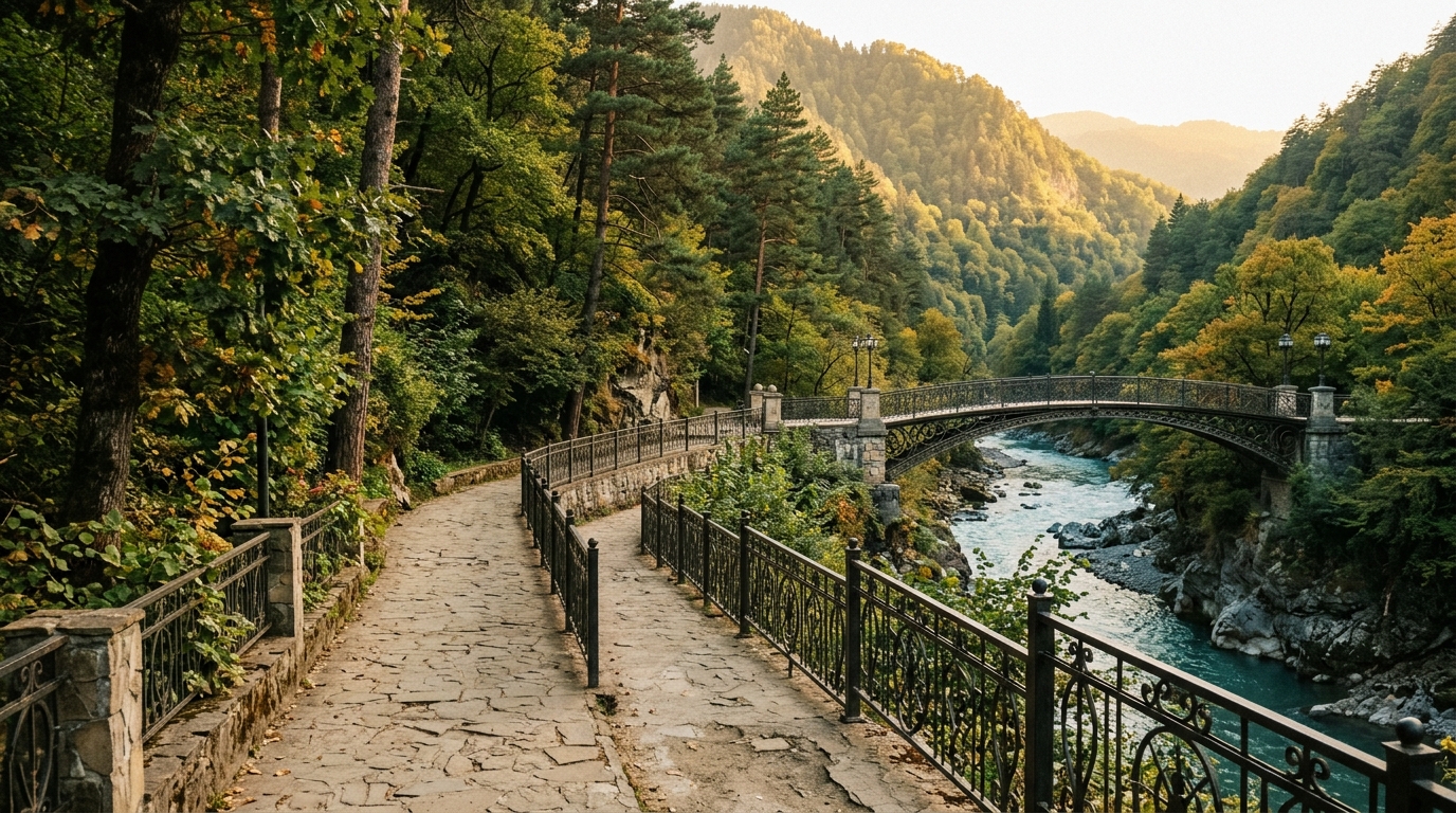 Боржомский парк, аллея вдоль ущелья, мост через реку Куру