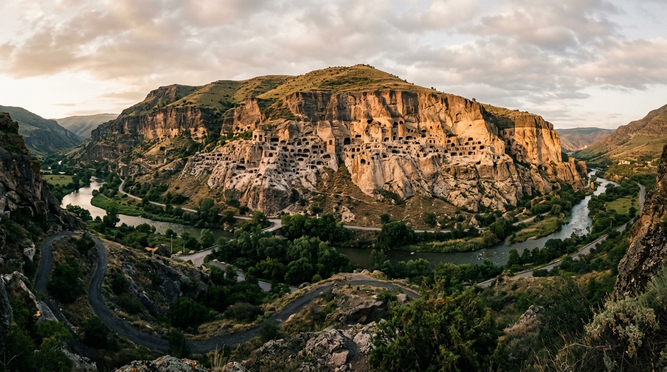 Вардзия, пещерный город в скале, вид на весь комплекс с противоположного берега