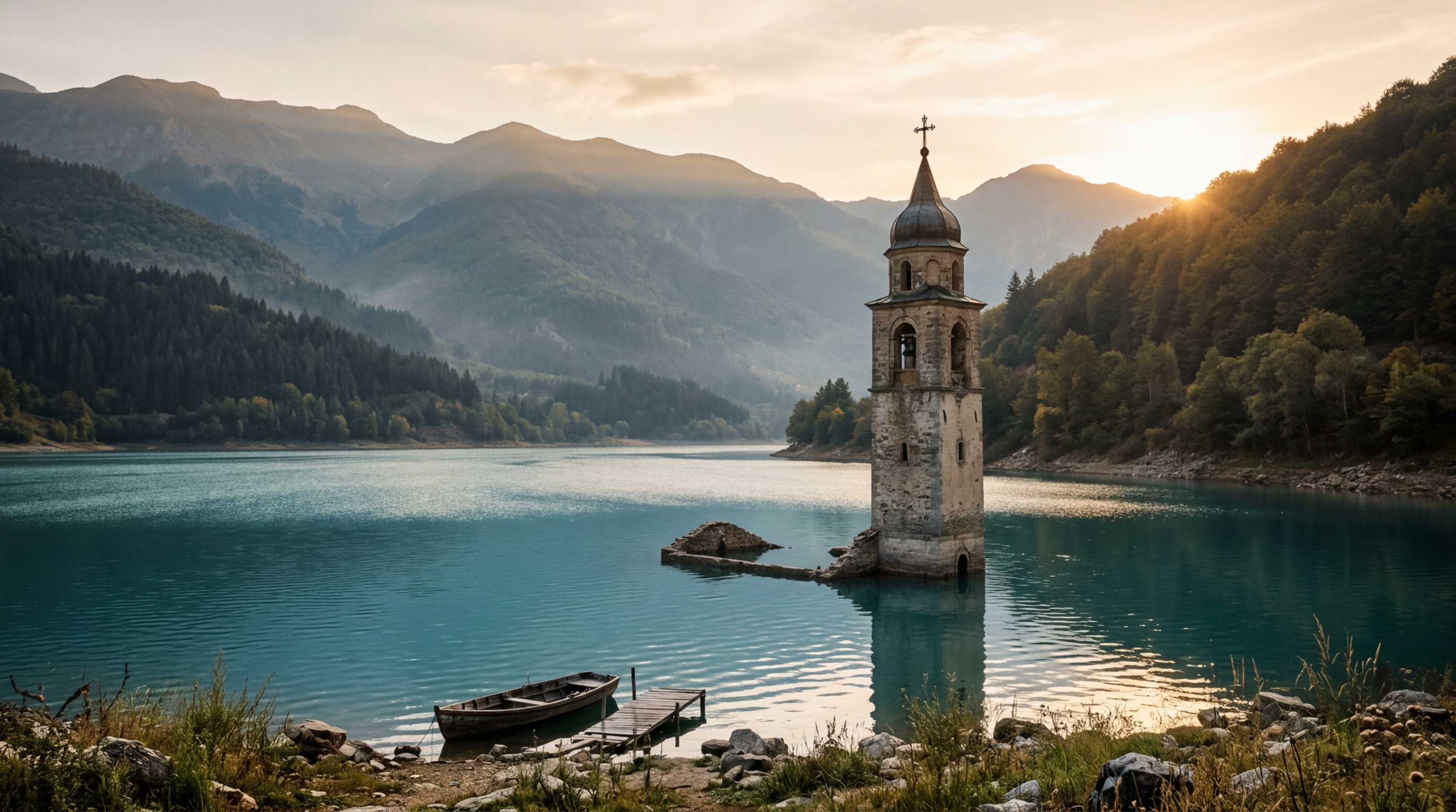 Затопленная церковь Святого Николая в Мавровском озере, колокольня торчит из бирюзовой воды, горы на фоне