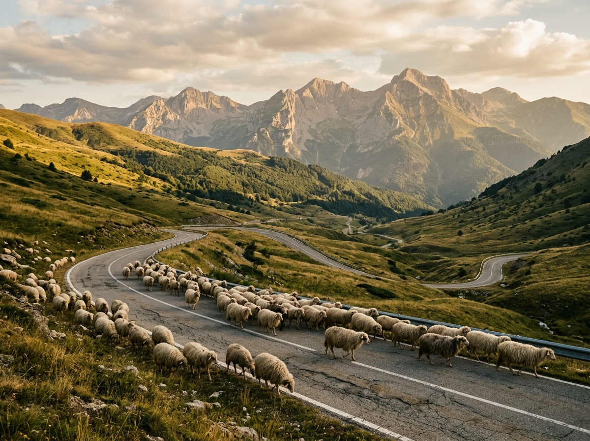 Горный перевал в Маврово, альпийские луга, овцы на дороге, горы Бистра на горизонте