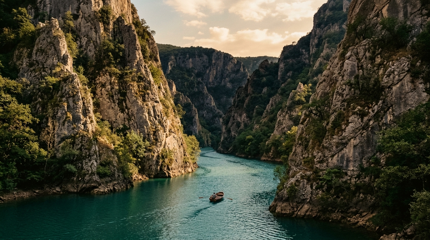 Каньон Матка вблизи Скопье, узкое ущелье с бирюзовой водой, скалы по сторонам, лодка на воде