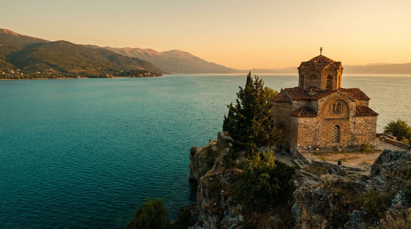 Охрид, церковь Святого Иоанна Канео на утёсе над озером, бирюзовая вода, горы на горизонте