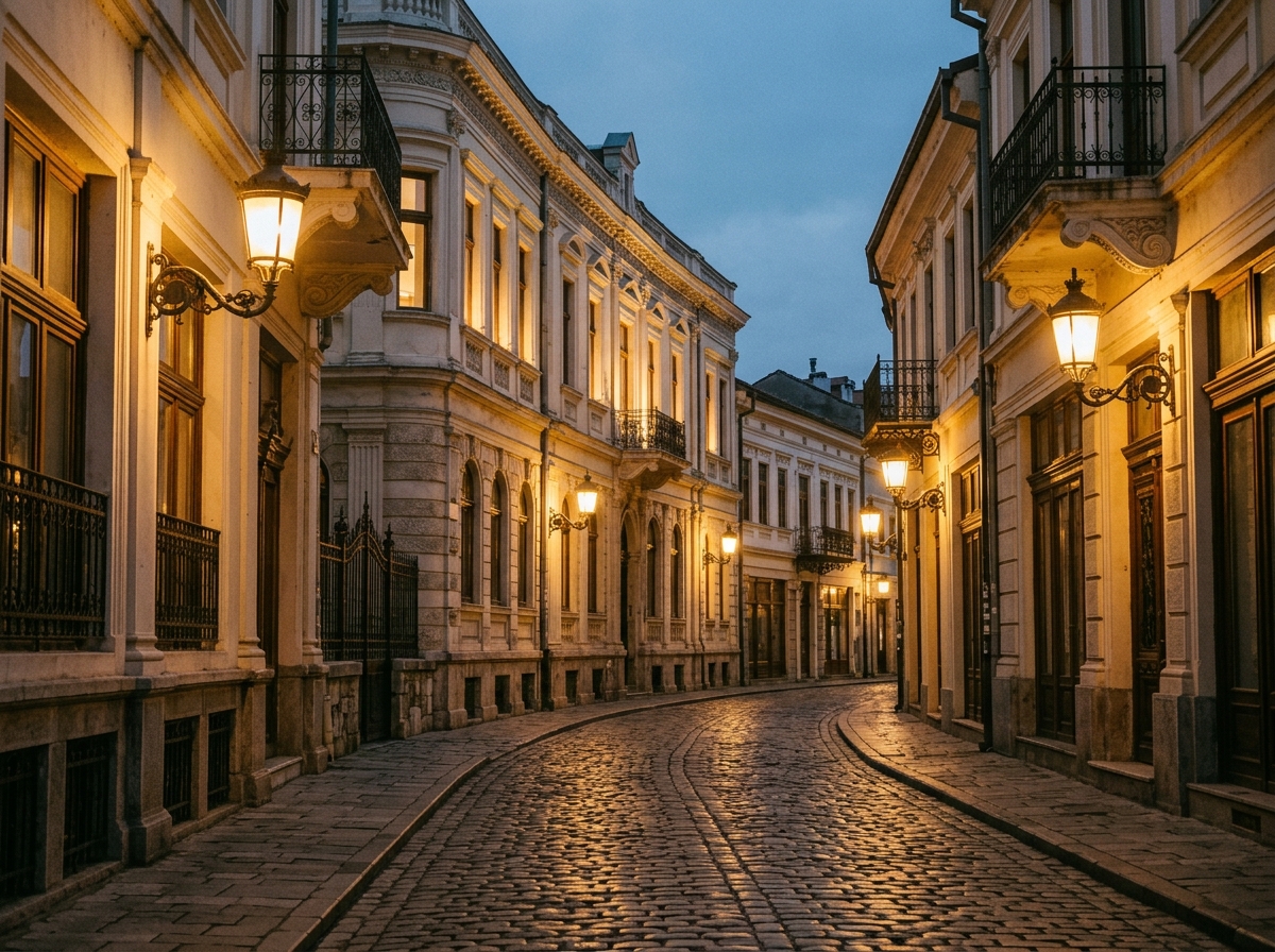 Широк Сокак в Битоле, неоклассические здания, вечерняя прогулка горожан, тёплый свет фонарей
