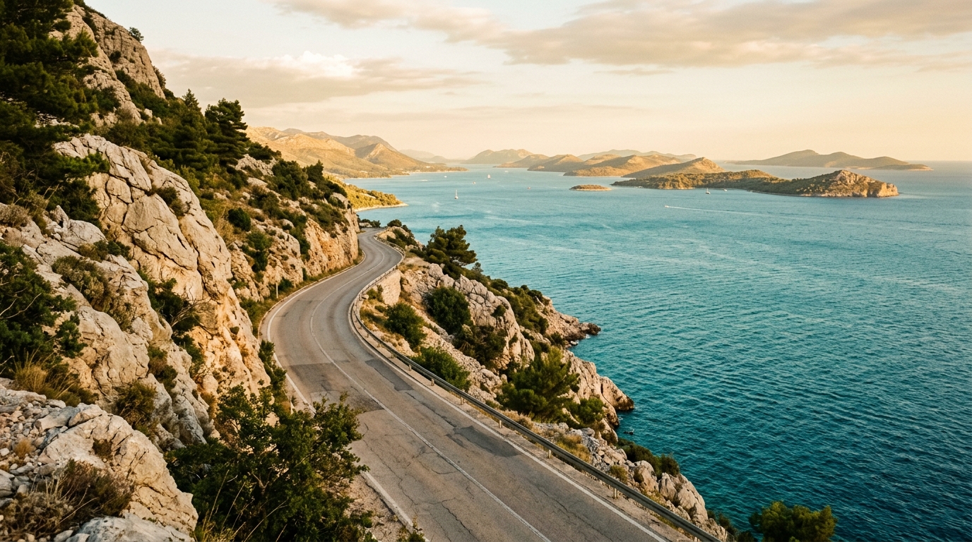 Прибрежная дорога в Хорватии, скалы слева, бирюзовое Адриатическое море справа, вдали острова
