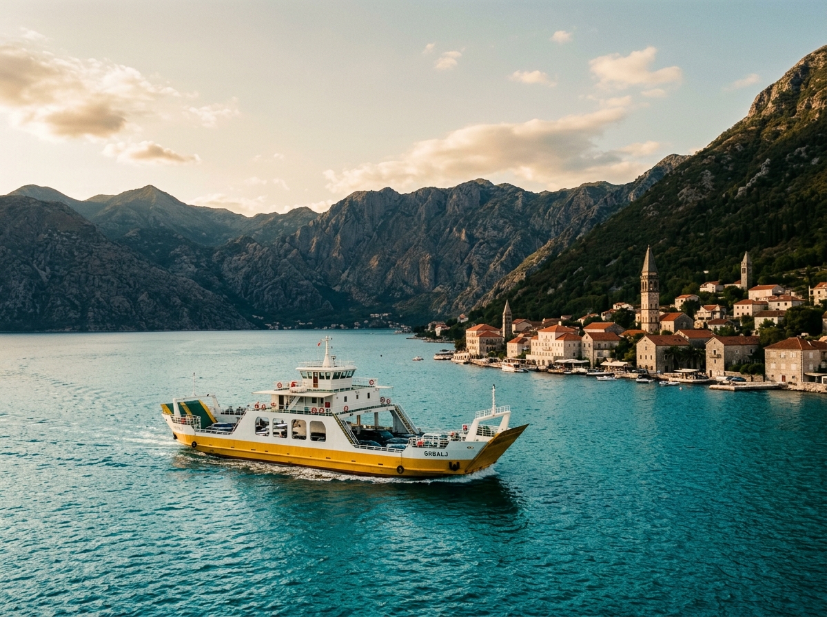 Паром через Которский залив, горы окружают бирюзовую воду, маленький городок на берегу