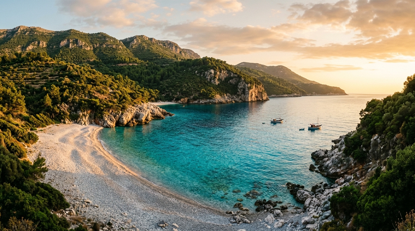 Бирюзовая бухта Албанской Ривьеры, галечный пляж в окружении зелёных гор