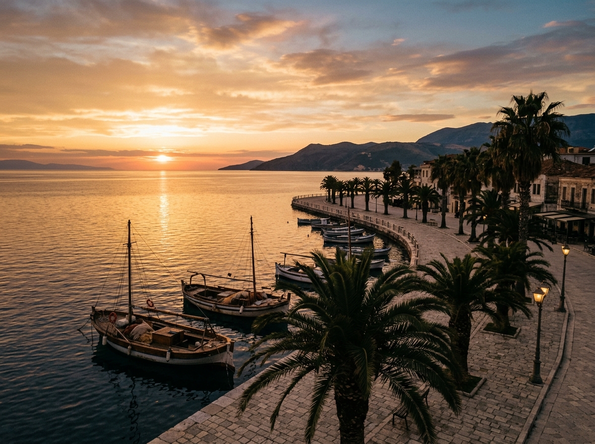 Вечерняя набережная Влёры, пальмы, закат над Ионическим морем, рыбацкие лодки