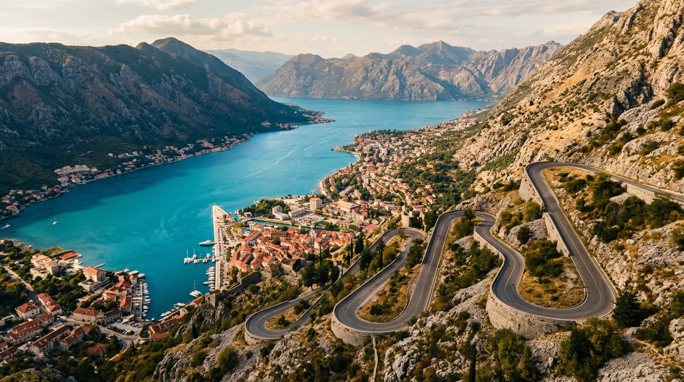 Серпантин над Которским заливом, вид сверху на бирюзовую воду и красные крыши