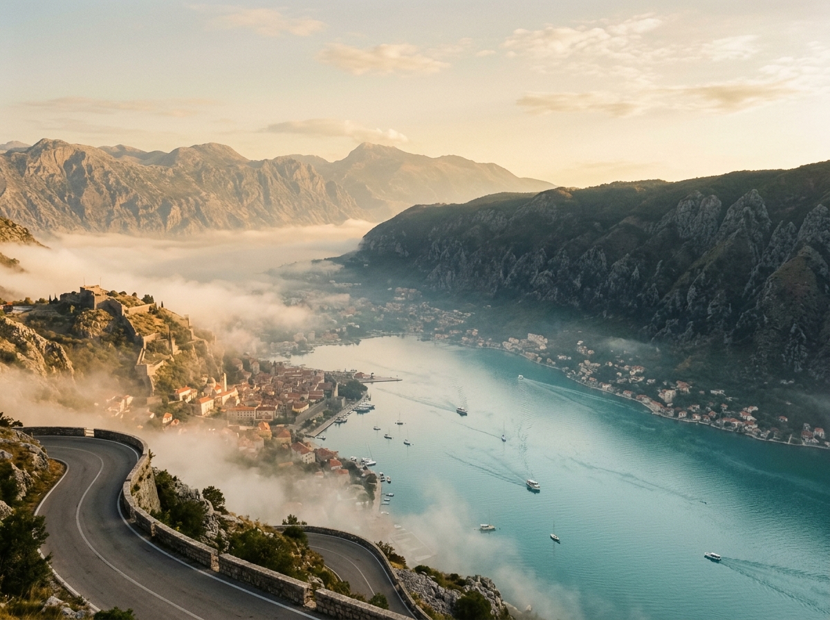 Которский залив в утреннем тумане, вид с серпантина, лодки на бирюзовой воде