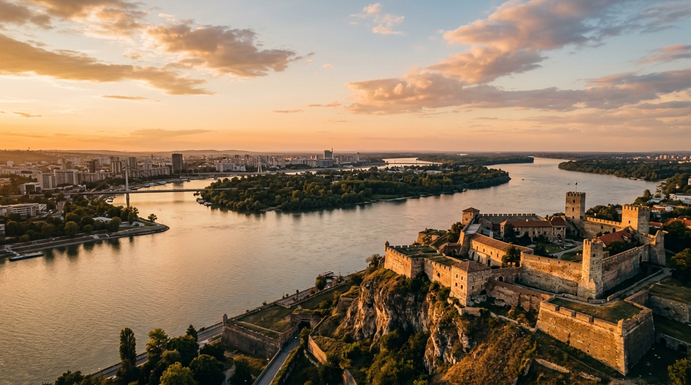 Панорама Белграда: слияние Савы и Дуная, Калемегданская крепость на закате