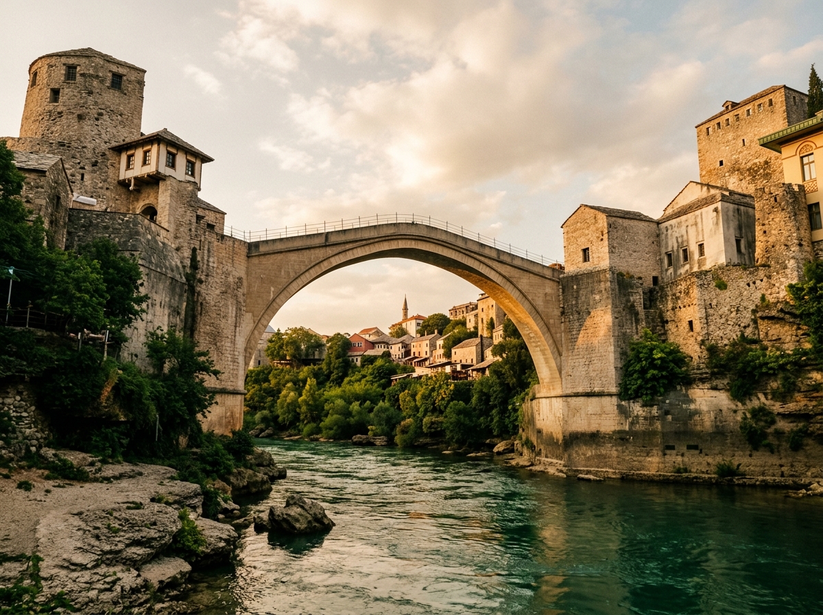 Старый мост в Мостаре на фоне зелёной реки Неретвы, вид снизу