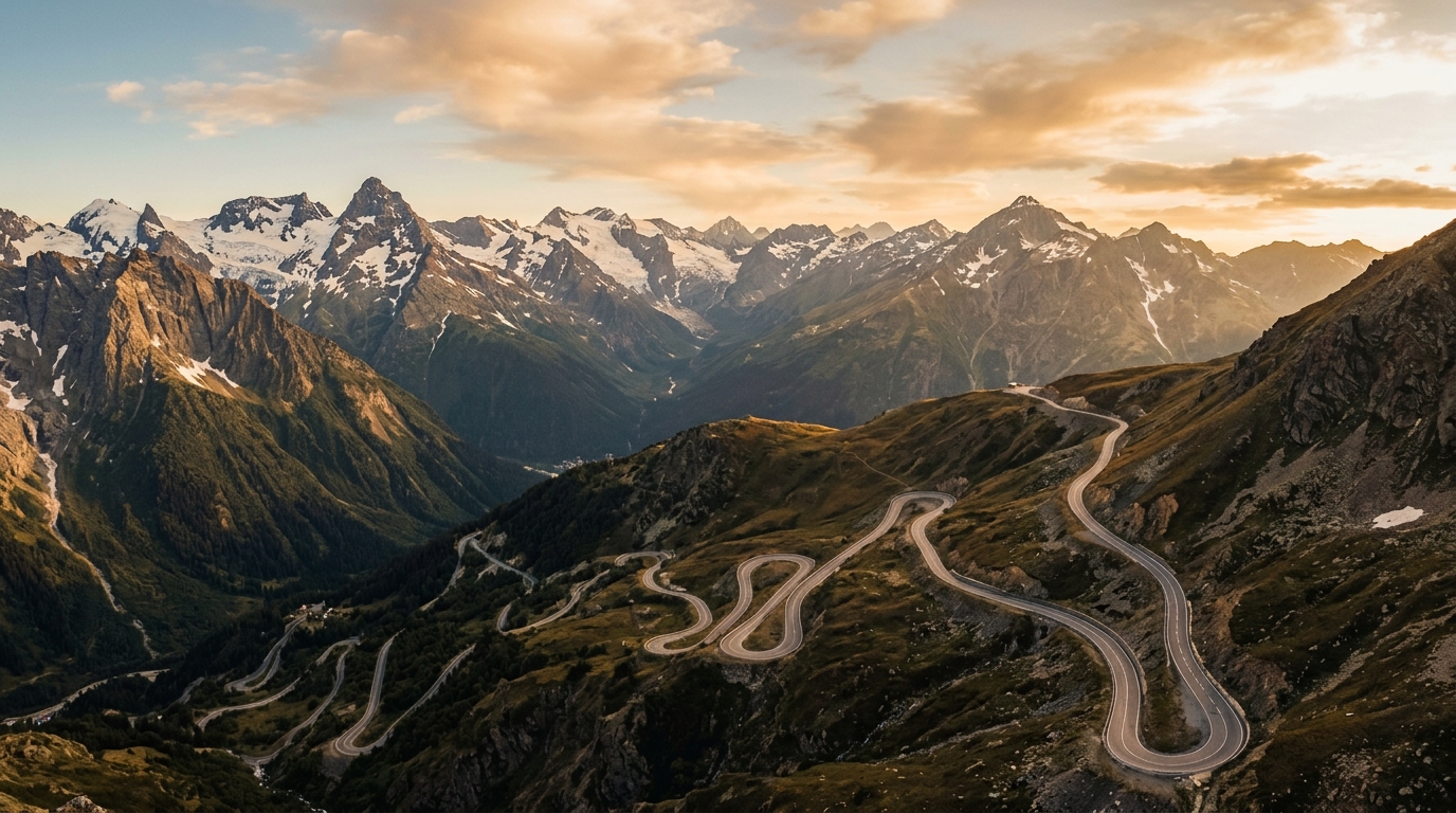Панорама Кавказского хребта с извилистой горной дорогой, вид сверху