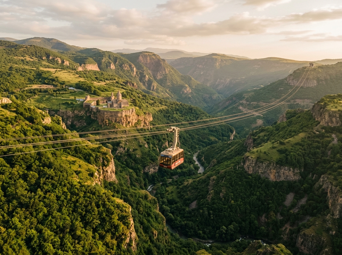 Канатная дорога «Крылья Татева» над глубоким зелёным ущельем