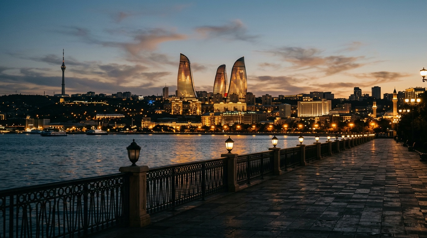 Вечерний Баку: Flame Towers подсвечены на фоне Каспийского моря, вид с набережной