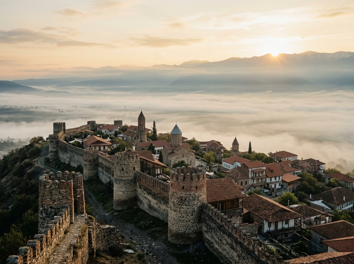 Крепостные стены Старого города в Сигнахи на фоне Алазанской долины, утренний туман