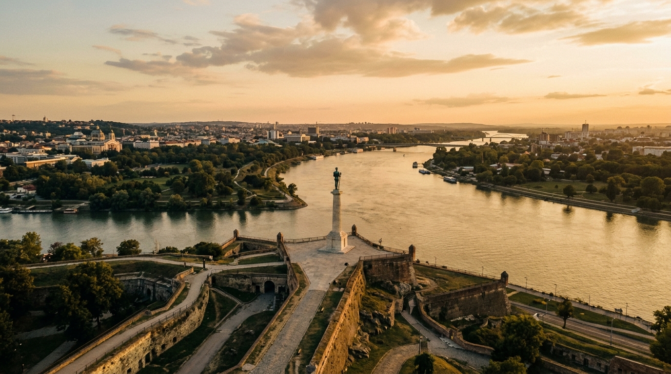 Крепость Калемегдан в Белграде, монумент Победник на фоне слияния Савы и Дуная, панорамный вид