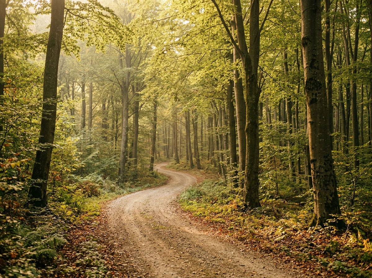 Фрушка-Гора, буковый лес и дорога через национальный парк, мягкий утренний свет