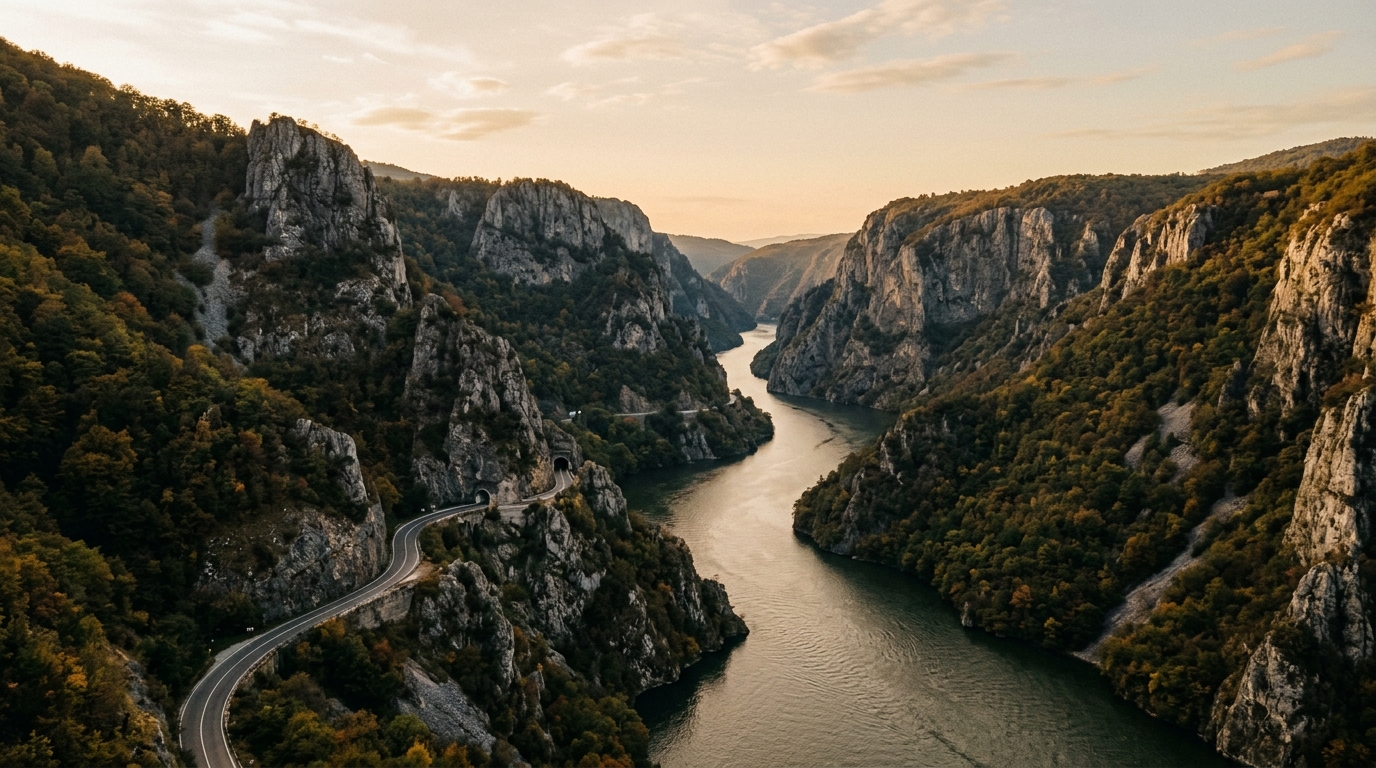 Дунайское ущелье вблизи Джердапа, скалистые берега сжимают реку, дорога прижата к склону, вид с высоты