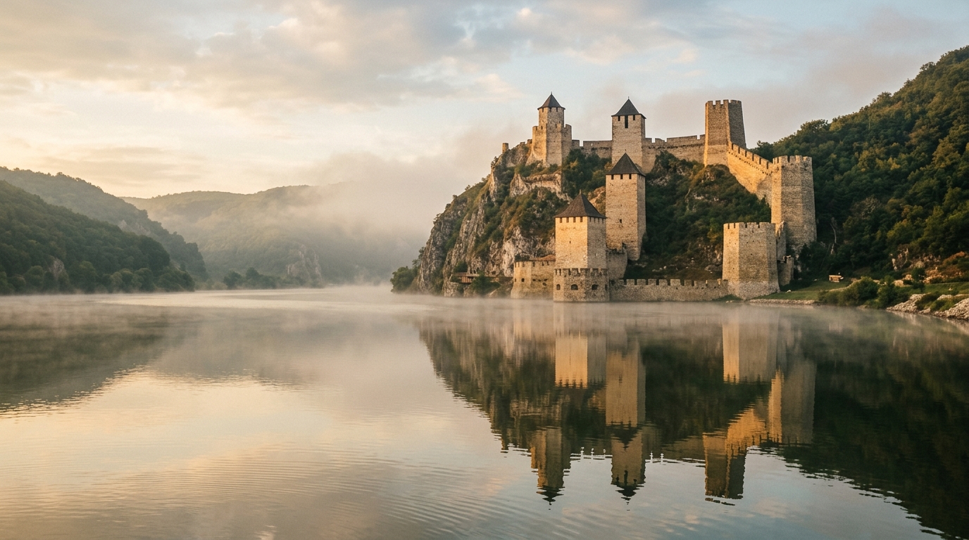 Голубацкая крепость на скале над Дунаем, девять башен отражаются в воде, утренний туман