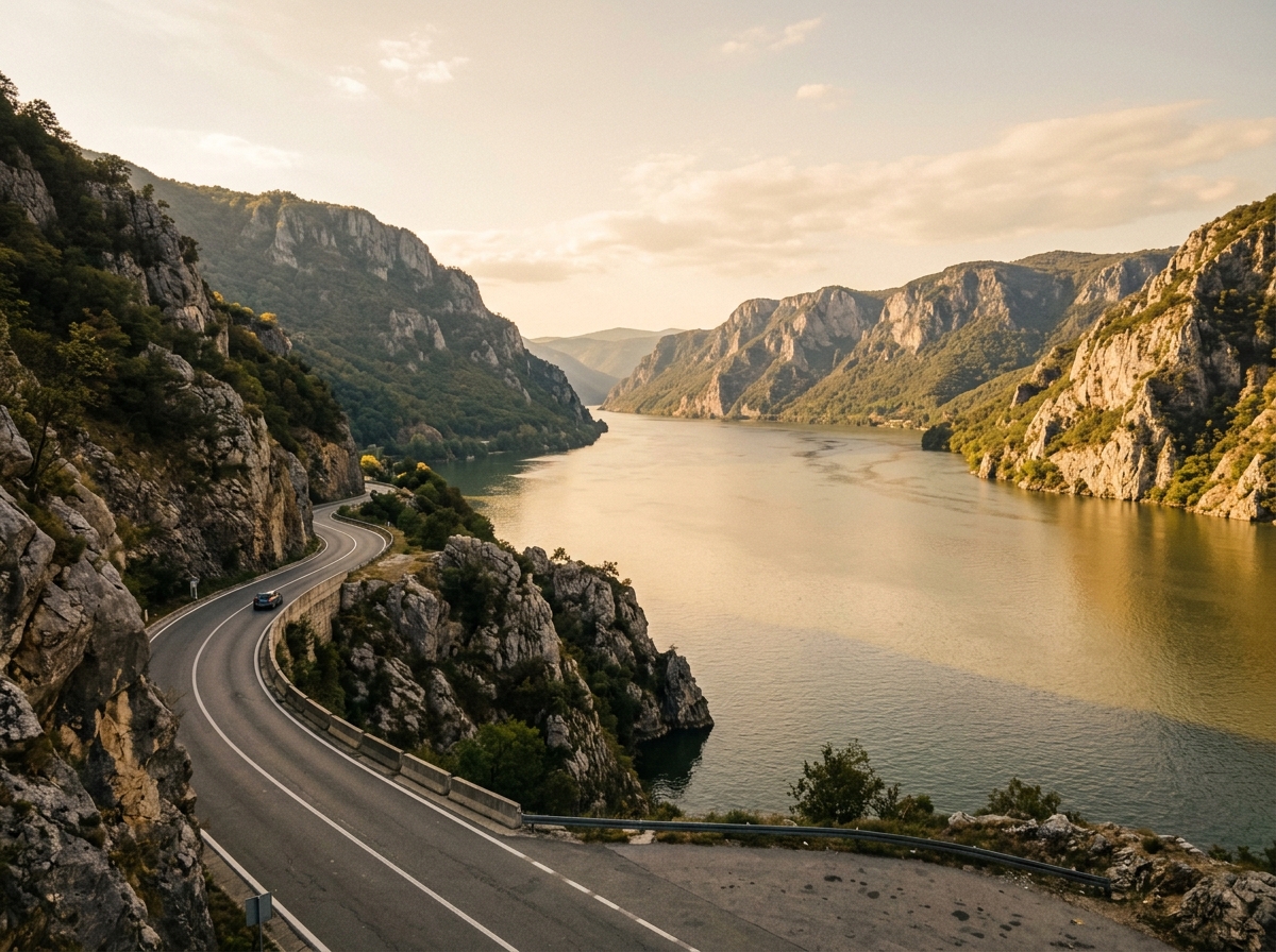Дорога вдоль Джердапского ущелья, Дунай между скалистыми берегами, румынский берег на горизонте
