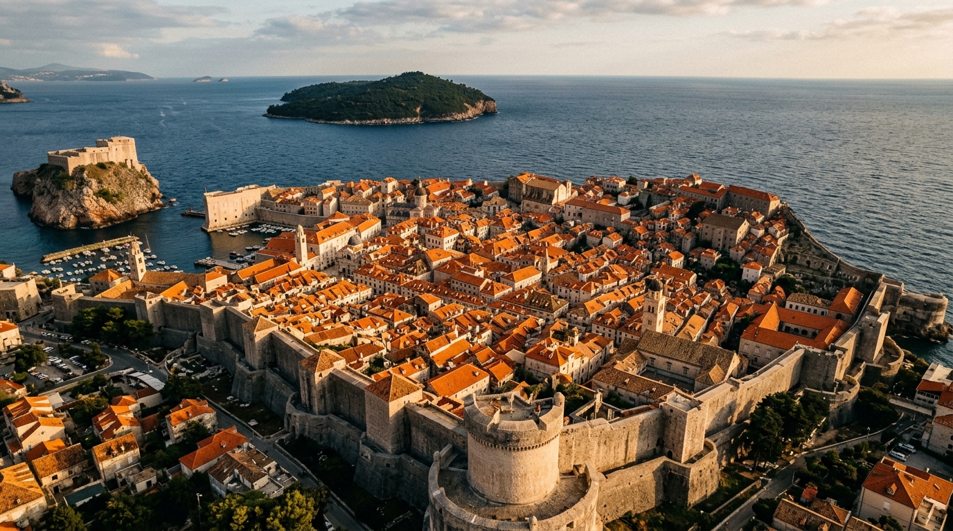 Стены Дубровника сверху, рыжие крыши старого города, форт Ловриенац на утёсе, Адриатическое море