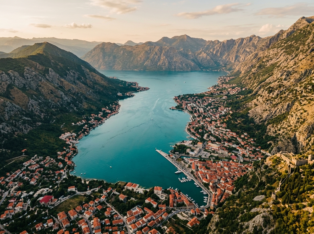 Которский залив, вид сверху, бирюзовая вода, красные крыши городков на берегу, горы вокруг