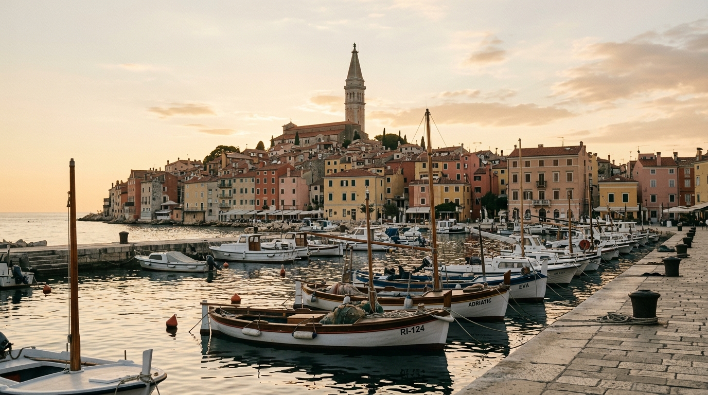 Ровинь, вид на гавань с рыбацкими лодками, пастельные дома и колокольня Святой Эуфемии