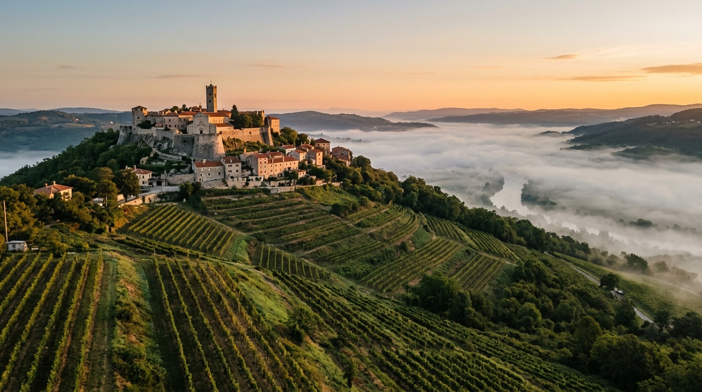 Мотовун на вершине холма, утренний туман в долине реки Мирны, виноградники на склонах