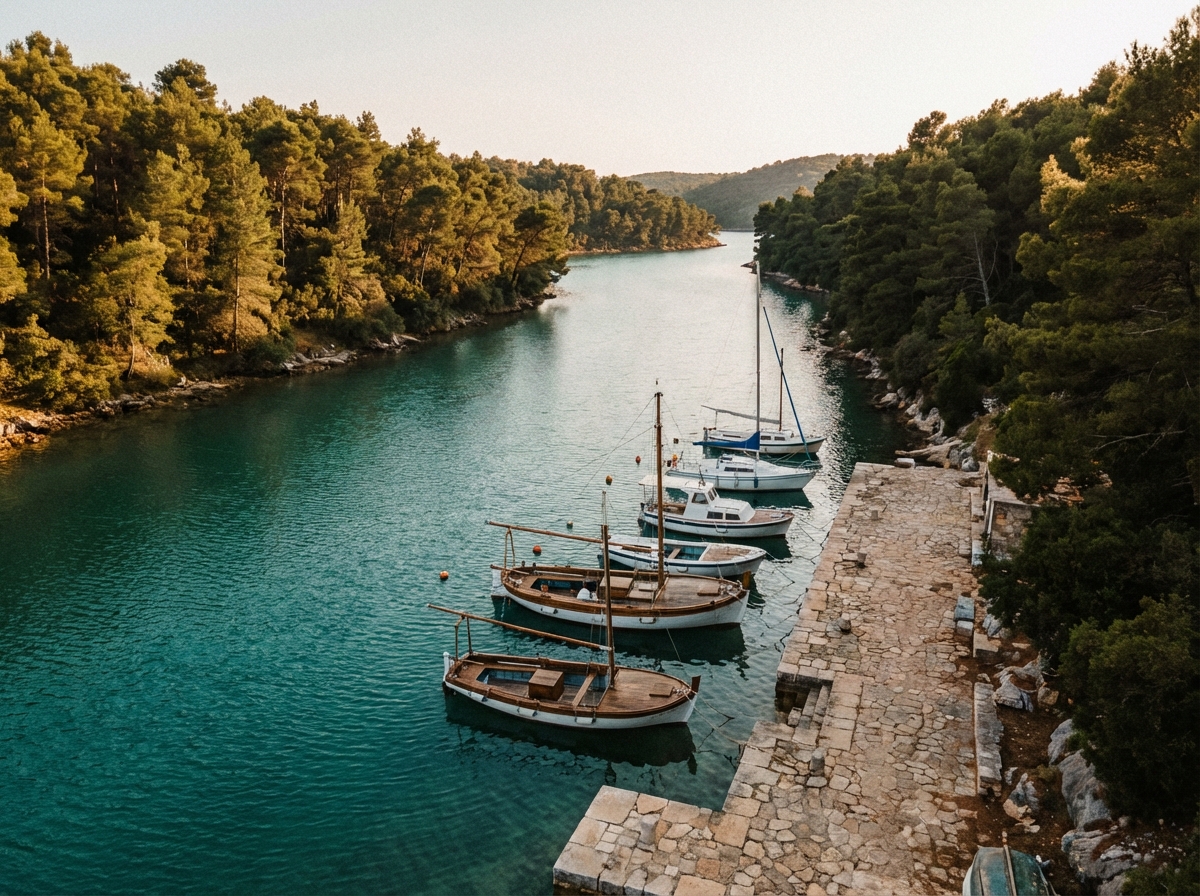Лимский залив, узкий фьорд с бирюзовой водой, сосновые леса по берегам, лодки у причала